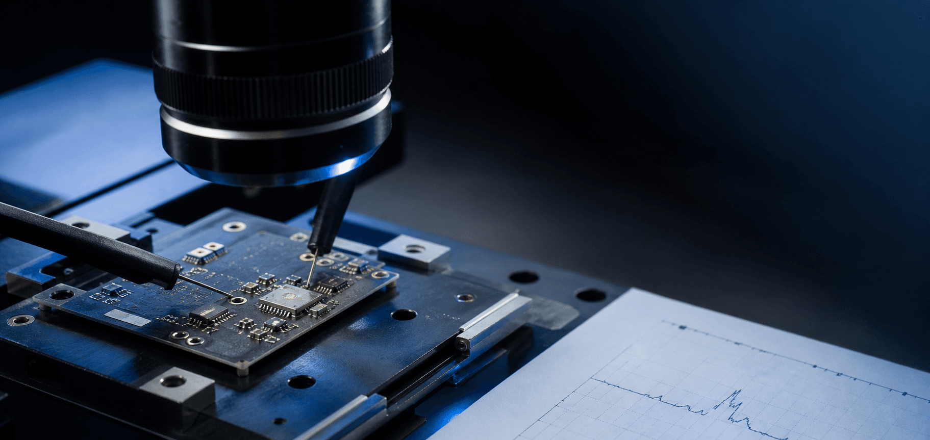 Conceptual close view of an embedded circuit board under precision inspection probes.