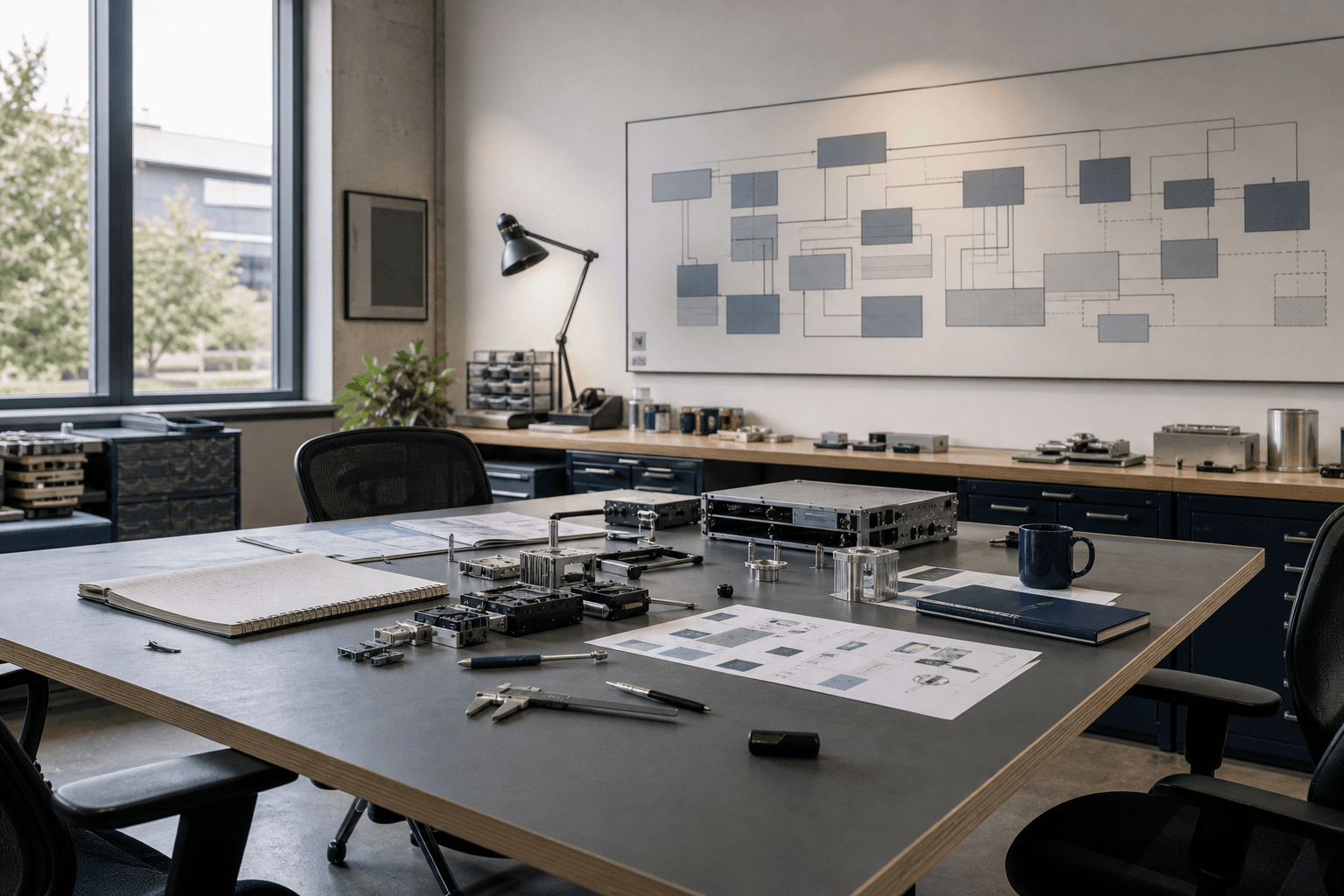 Unoccupied conceptual engineering studio with modular hardware, tools, notebooks, and an abstract architecture board.