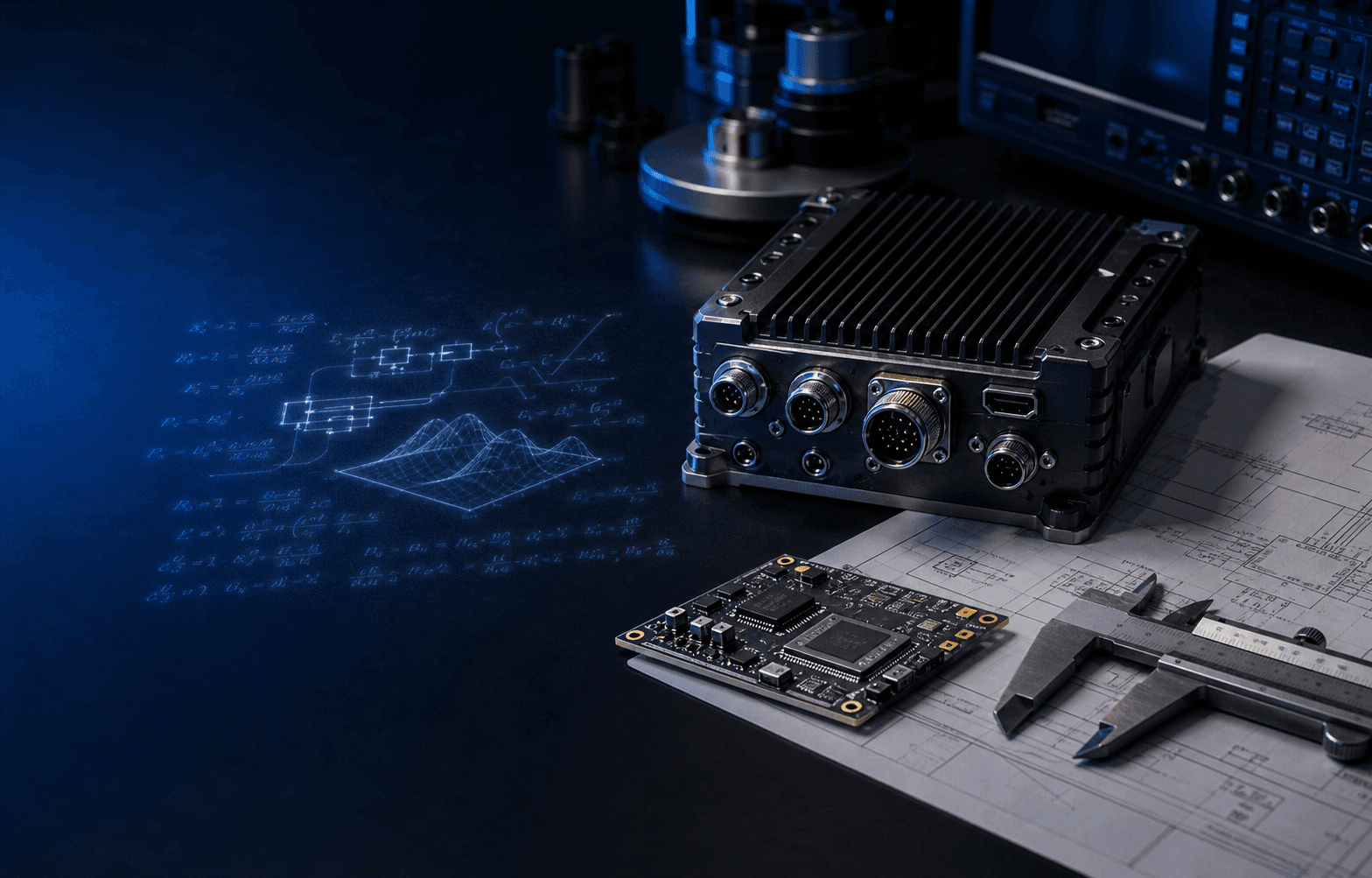 Conceptual engineering workbench with rugged computing hardware, a circuit board, measurement tools, and architecture drawings.