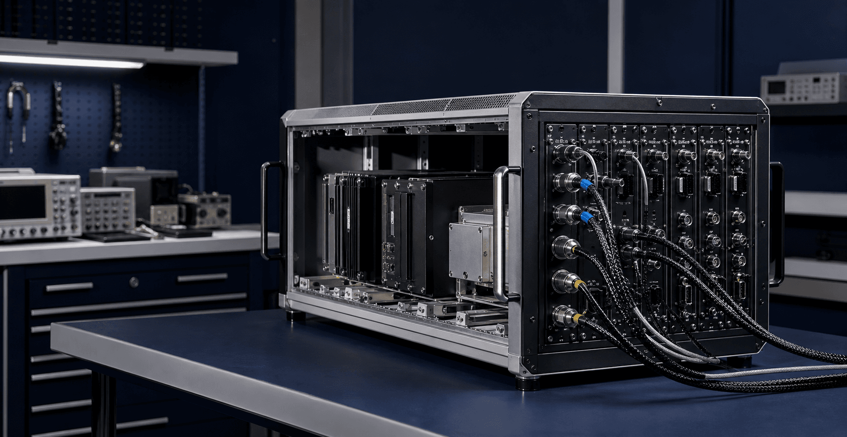 Conceptual modular computing chassis with replaceable units and visible interface cables in a laboratory.