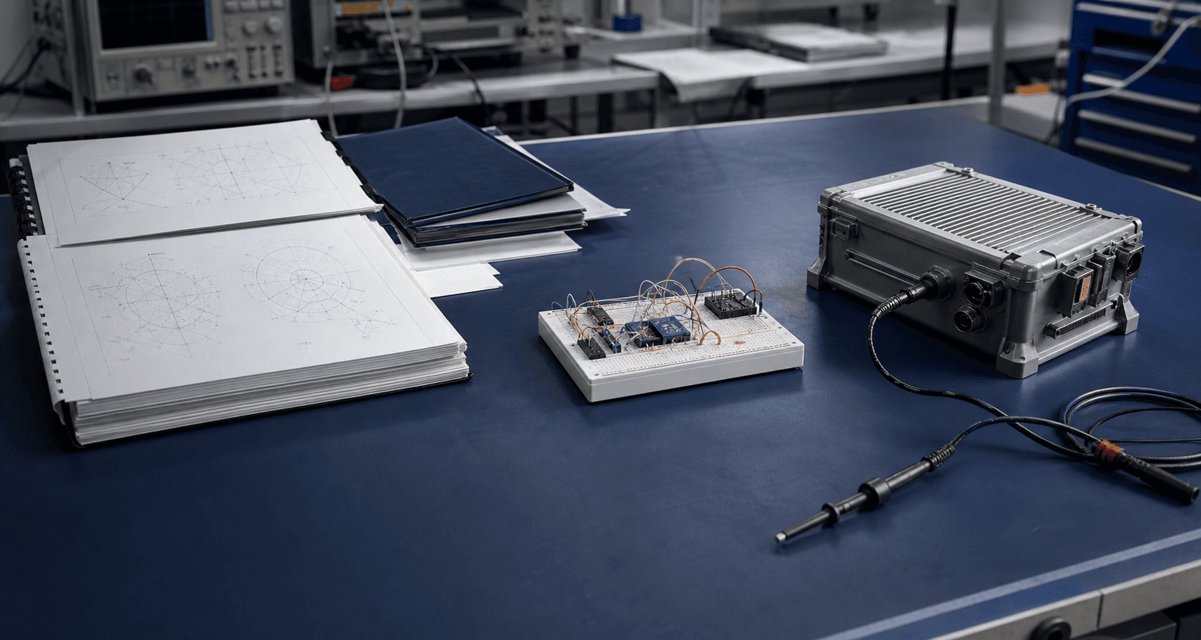 Conceptual progression from technical notes to a breadboard prototype and rugged integrated computing module.